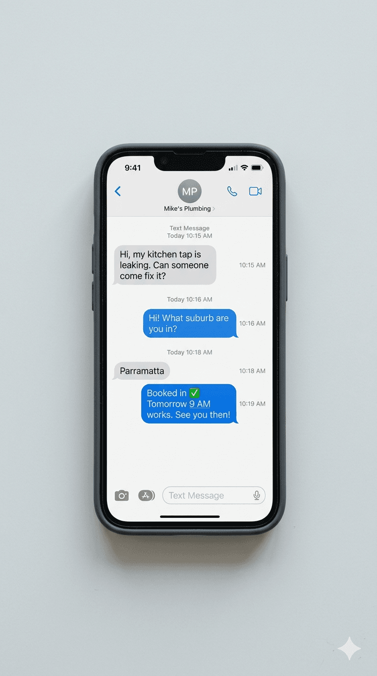Phone mockup showing the AI Lead Response Engine replying to a homeowner's enquiry in under 60 seconds and booking the job into the tradie's calendar.